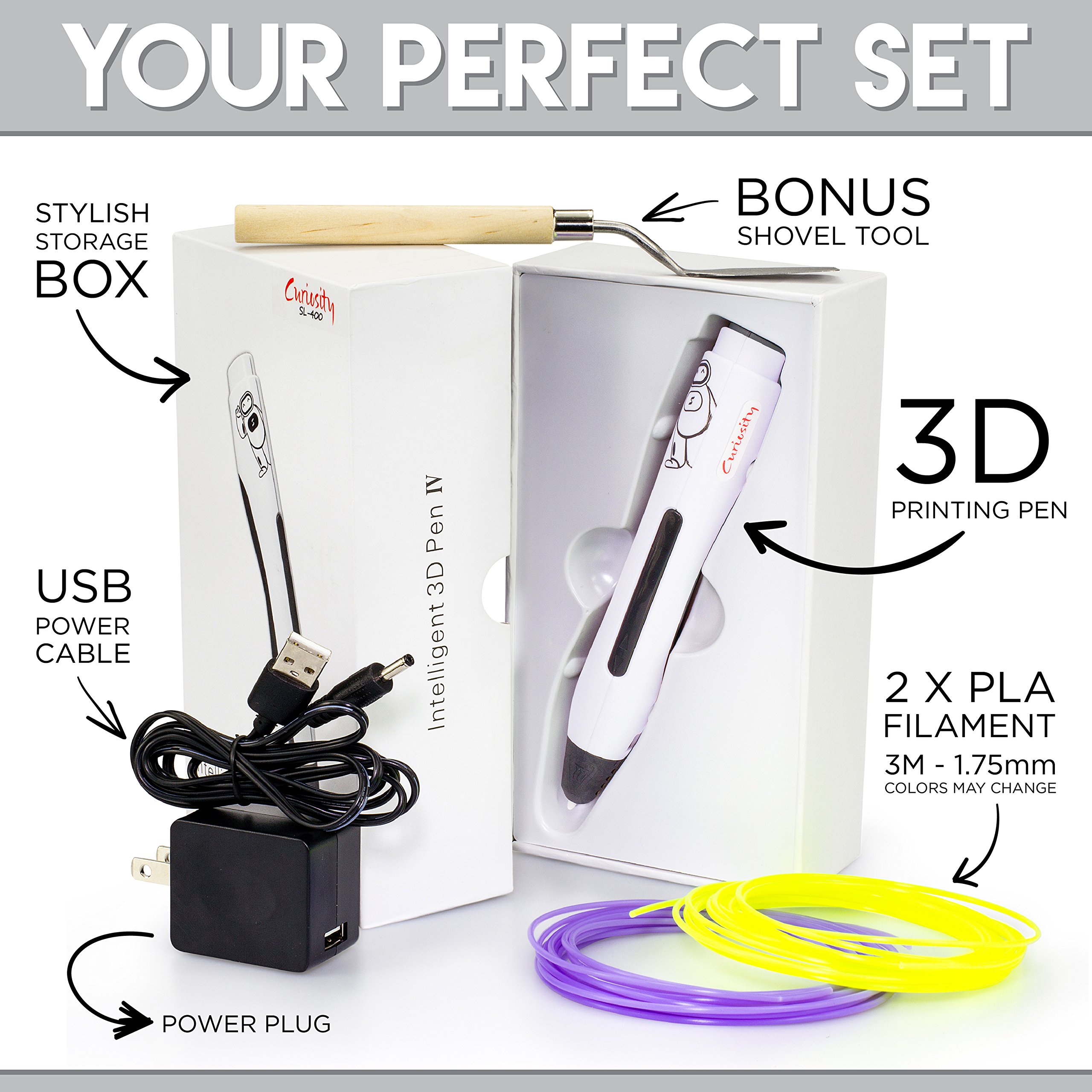 3D Printer Pen - Simple & Fun 1 Button Operation 3D Pen for Kids, Teens and Adults - Includes Two PLA Filaments, USB & BONUS Safety Shovel Tool by Curiosity