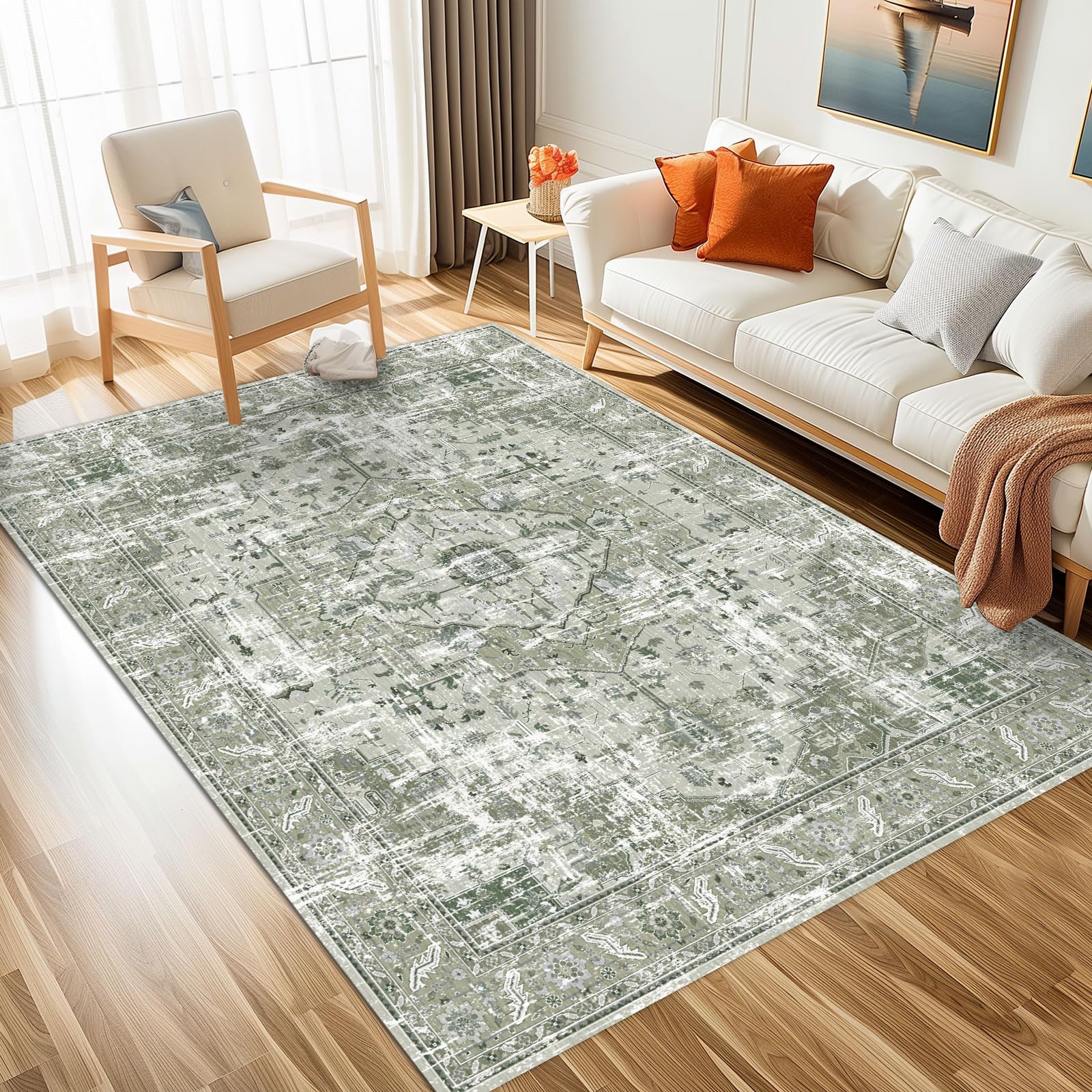 Photo 1 of Boho Washable Area Rugs Living Room Vintage Sage Green 3x5 Neutral Modern Non Slip Small Carpet for Nursery Dining Room Bedroom Farmhouse