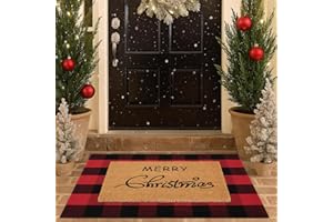 HOMYDECOR Christmas Door Mat Combo Set - 100% Coco Coir Welcome Mat + 28 x 43 Inch Red and Black Plaid Rug, New Year Holiday Christmas Collection Doormat for Front Porch Entryway Decorative