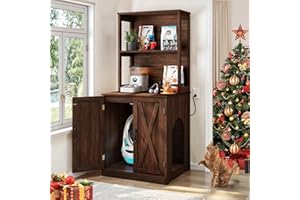 DWVO Large Hidden Litter Box Furniture with Shelves and Charging Station, Wooden Cat Litter Box Enclosure for Self-Cleaning Litter Boxes, Brown Oak