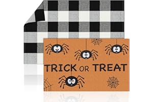 Duraaamo 2 Pcs Halloween Decor Doormat Welcome Doormat Layered Buffalo Plaid Mat Front Porch Entrance Mat for Fall Thanksgiving Halloween Indoor Outdoors(Plaid, Trick or Treat,Black, White)