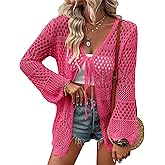 Women's Crochet Cardigan Light Weight Long Sleeve Tie Front Hollow Out Thin Cardigan