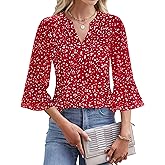 Blooming Jelly Women's Dressy Casual Blouses 3/4 Length Sleeve Tops Business Work Outfits Summer V Neck Pleated Shirts