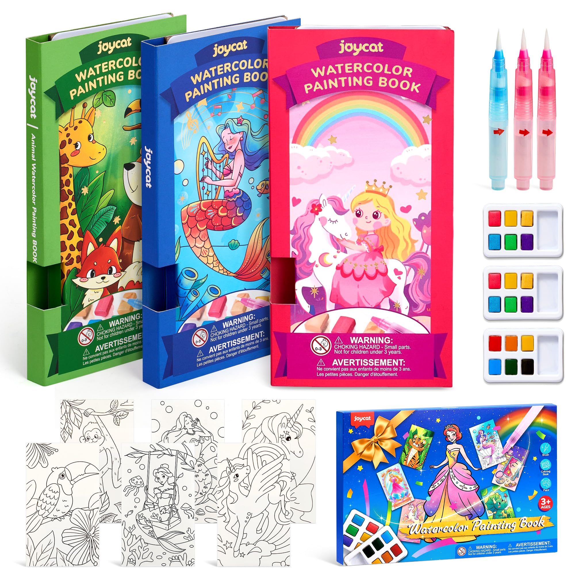 JoyCat 3 Pack Pocket Paint with Water Coloring Books for Kids, Art & Craft Activity Toy Set, Creative Travel & Home Painting Kit, Gifts for Girls & Boys Ages 3-8 (3 Pack - Magical Pony & Ocean Princess & Animals)