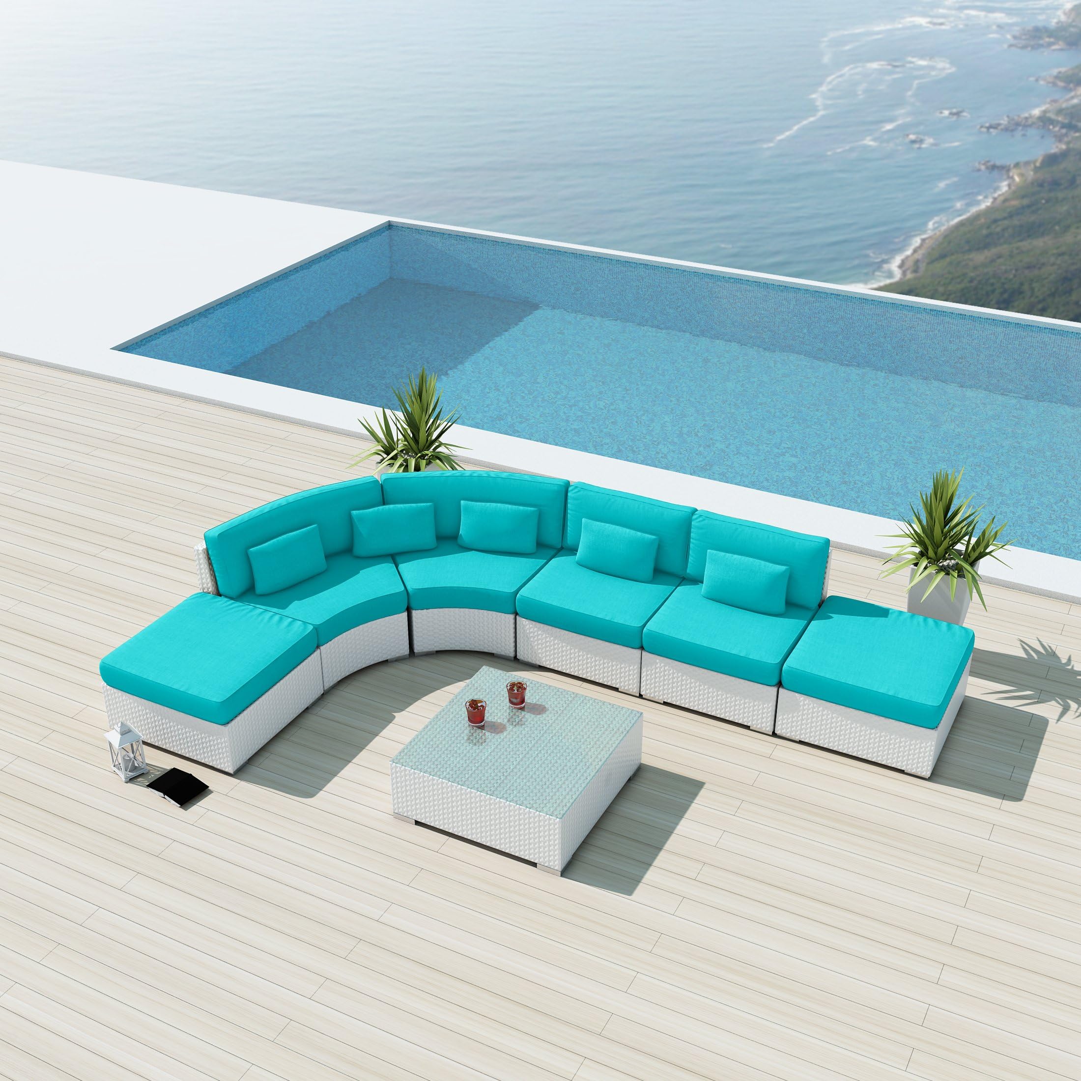 NEW Uduka Minbari 7pcs Outdoor Round Turquoise Sectional Patio Furniture White Wicker Sofa Set All Weather Couch