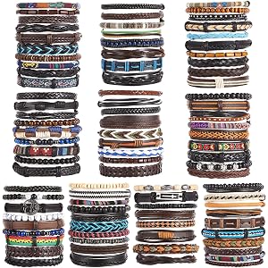100PCS Braided Leather Bracelets Bulk for Men Women Wrap Wooden Beads Woven Wrist Cuff Bracelet Ethnic Tribal Handmade Adjust