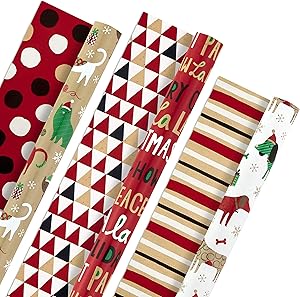 Hallmark Christmas Reversible Wrapping Paper Bundle, Pets and Patterns (Pack of 3, 120 sq. ft. ttl) Cats, Dogs, Stripes, Polka Dots, Paw La La La