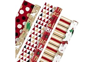 Hallmark Christmas Reversible Wrapping Paper Bundle, Pets and Patterns (Pack of 3, 120 sq. ft. ttl) Cats, Dogs, Stripes, Polka Dots, Paw La La La (5JXW1035)