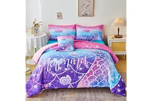 RYNGHIPY Mermaid Comforter Set 6Pcs, Kids Gilrs Bed in a Bag Twin Size, Mermaid Tail Print Teens Girls Bedding Set, Rainbow Bedding Collections