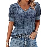 OFEEFAN Womens Tops Short Sleeve Shirts Buttons V Neck Spring Fashion Summer Outfits Plus Size Blouses Dressy Casual