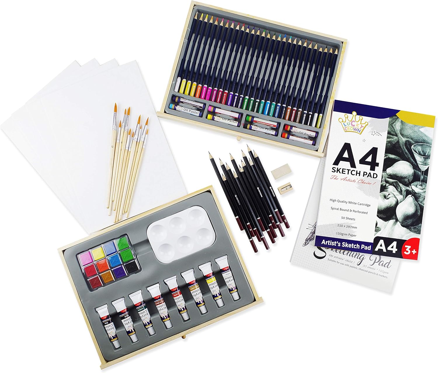 Deluxe Art Supplies, 88 Pieces Art Set in Portable Wooden Case, with 2 Drawing Books and 4 Canvas Panels, Professional Art Set for Painting & Drawing, Art Kit for Kids, Teens and Adults/Gift