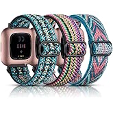 Maledan 3 Pack Elastic Solo Loop Compatible with Fitbit Versa 2 Bands for Women Men, Adjustable Stretchy Nylon Solo Loop Strap Wristbands for Fitbit Versa/Lite, Boho Green/Green Arrow/Colorful