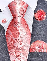 GUSLESON Mens Coral Tie for Wedding Coral Pink Silk