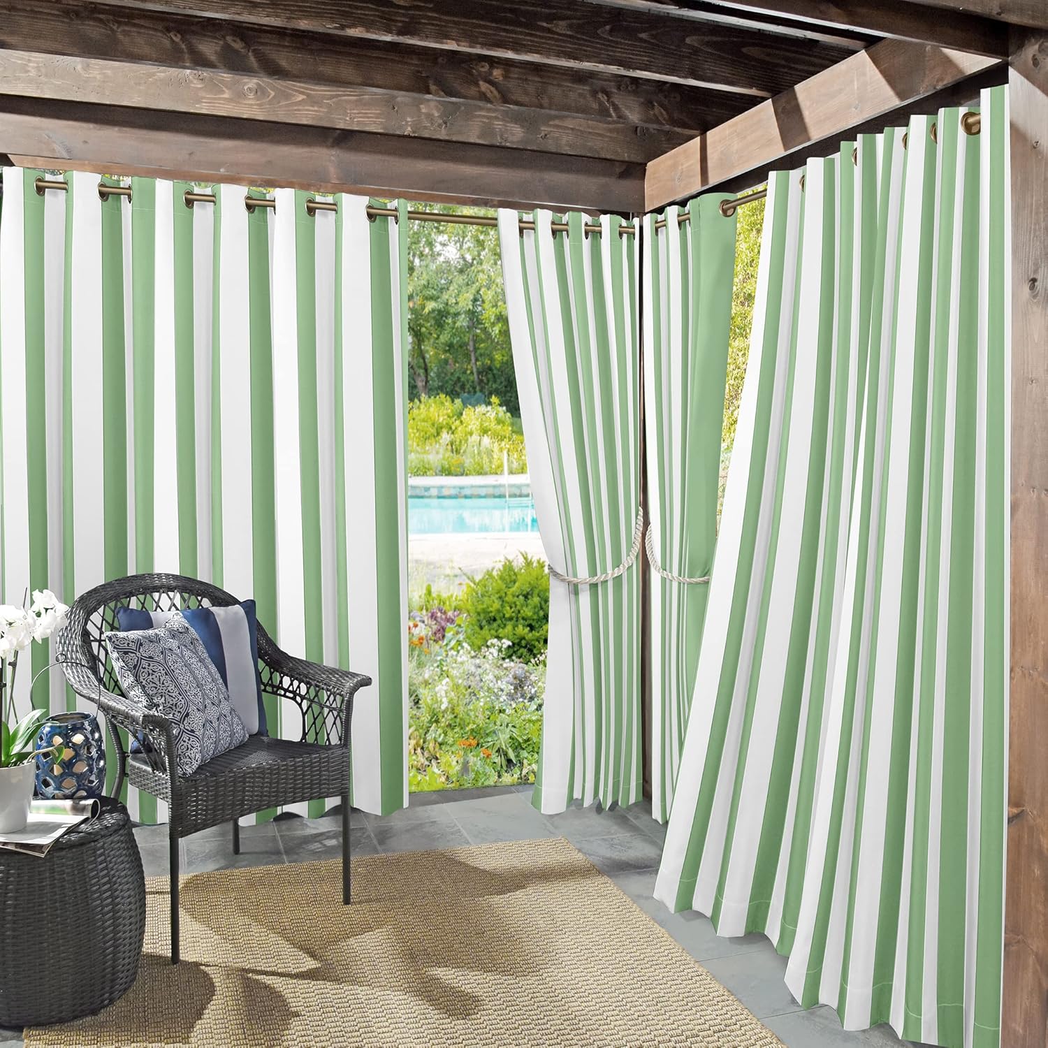 Outdoor Curtains - Sun Zero Valencia 2-Pack Cabana Stripe Indoor/Outdoor UV Protectant Energy Efficient Grommet Curtain Panel Pair, Spa Green, 54