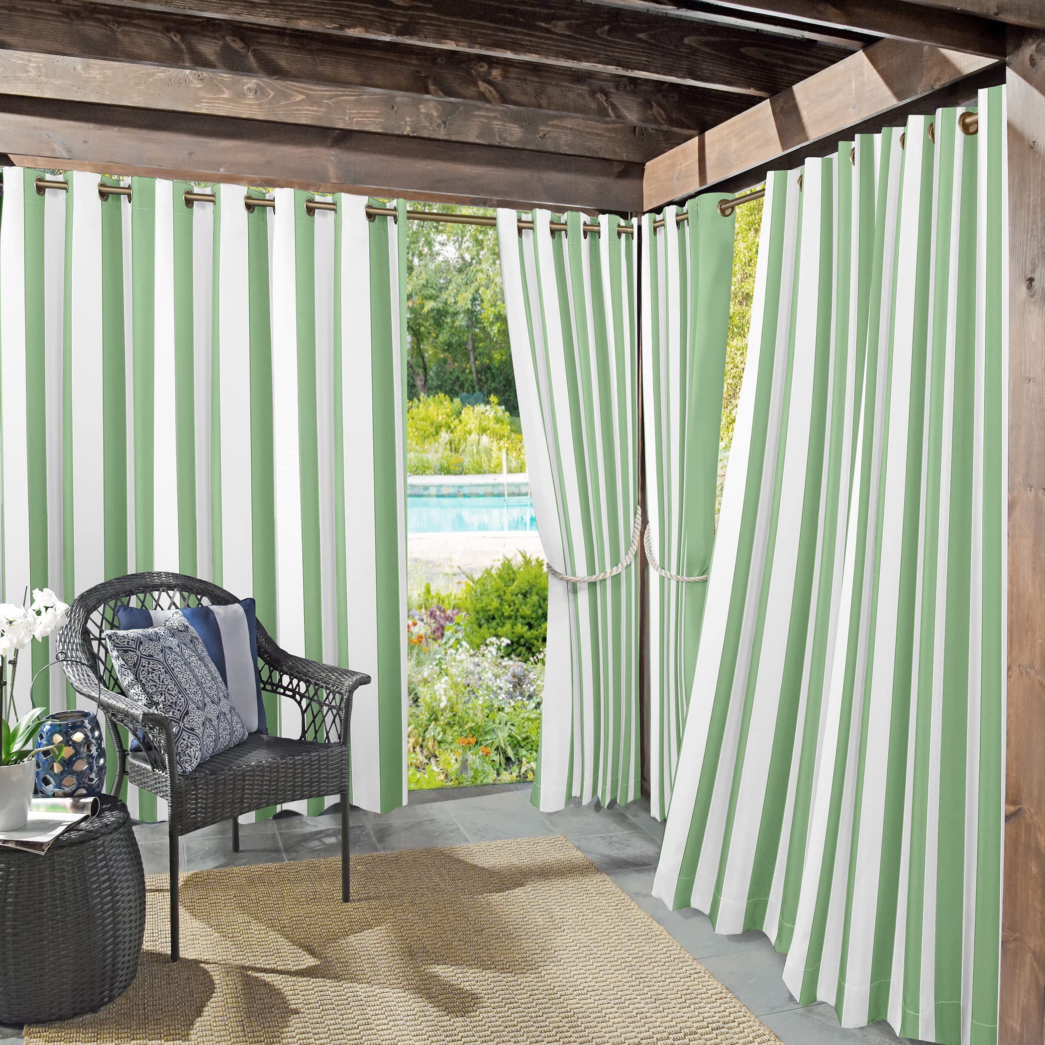 Sun Zero Valencia 2-Pack Cabana Stripe Indoor/Outdoor UV Protectant Energy Efficient Grommet Curtain Panel Pair, Spa Green, 54" x 108