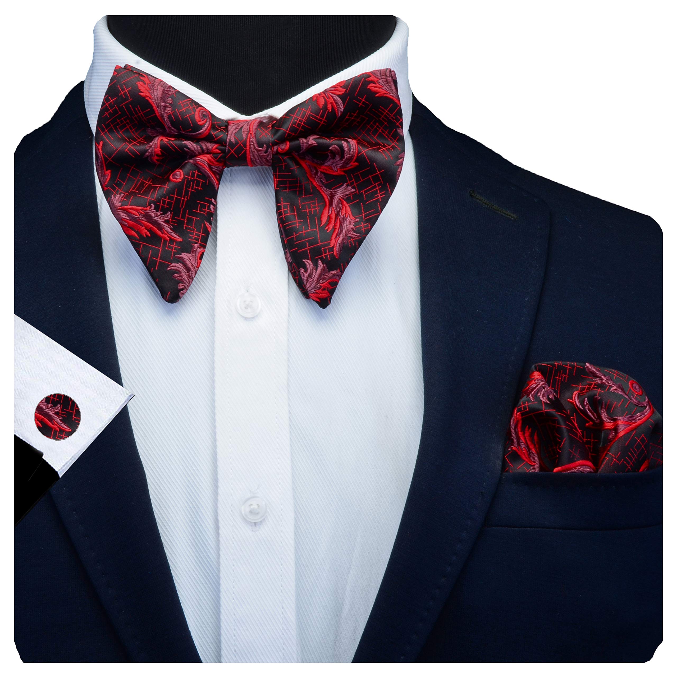 Photo 1 of GUSLESON Floral Red Bow Ties for Men Silk Black Pre-tied Big Bowtie and Pocket Square Cufflink Set (0617-04)