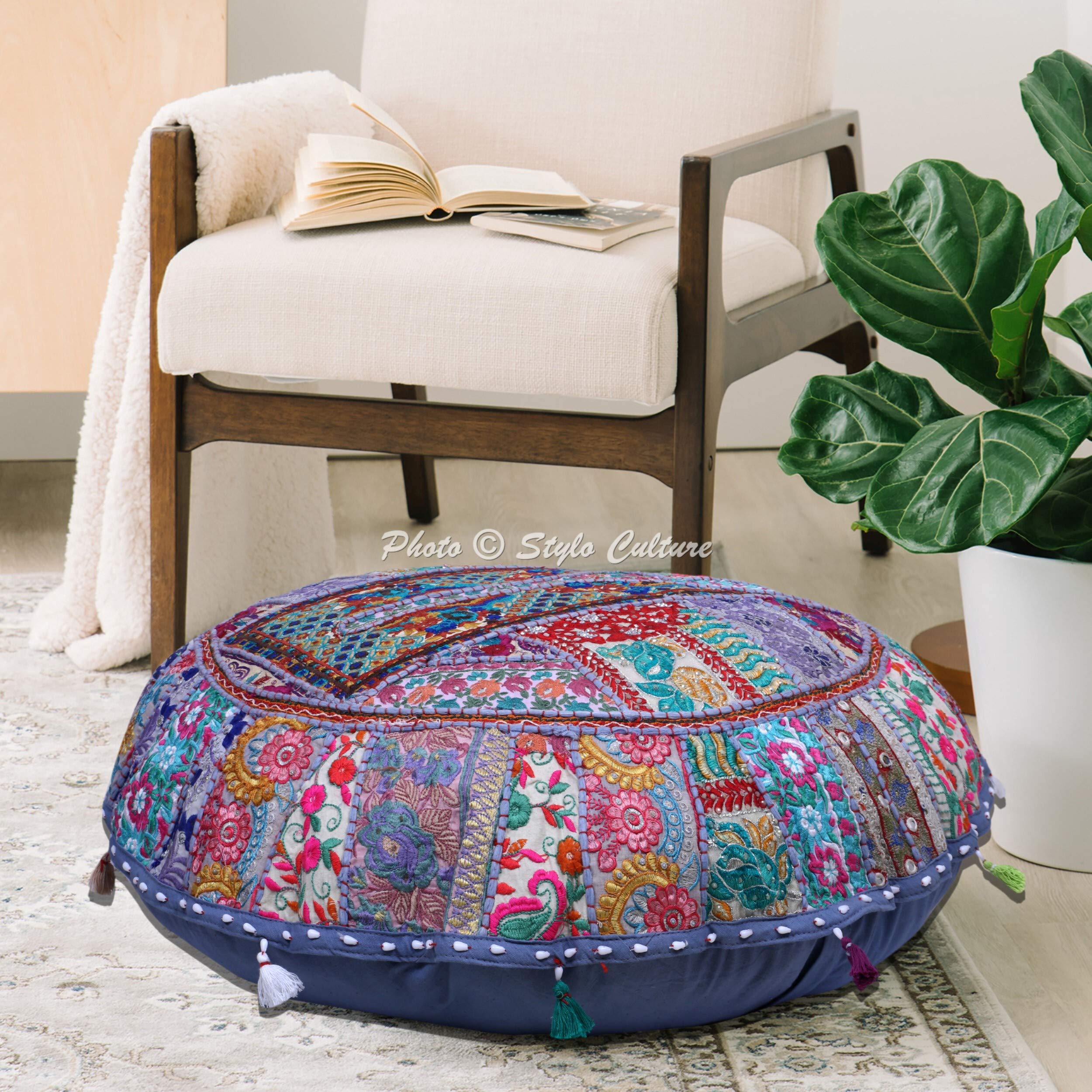 Stylo Culture Decorative Round Floor Pillow Meditation Scatter Cushion Cover Grey 100 x 100cm Vintage Patchwork Boho Giant XL 40 Inch Hallway Cotton Embroidered Pouf Footstool Cover