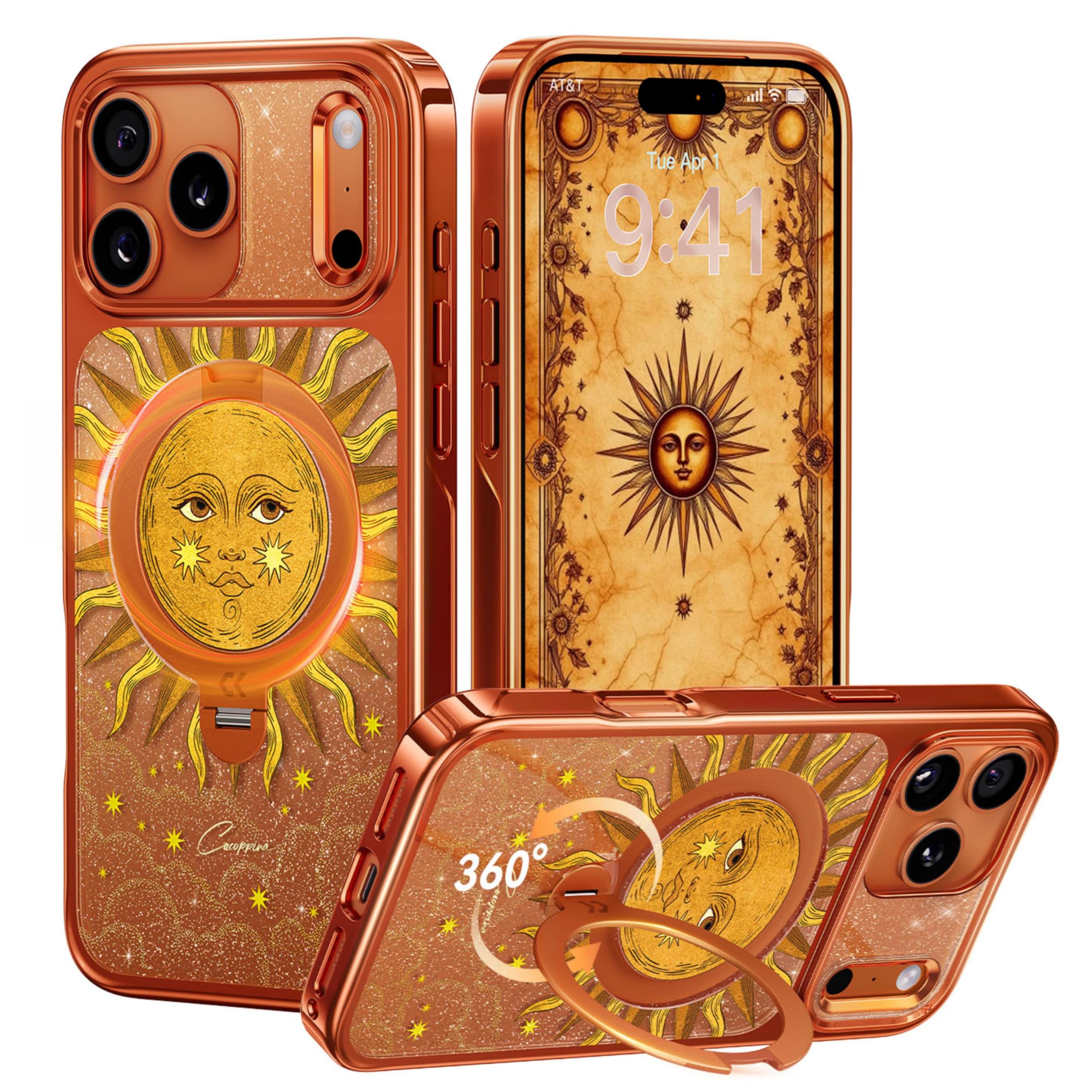 CASEKOO The Cocorrina Sun Tarot Glitter 360° Spin Built-in Magnetic Stand for iPhone 17 Pro Case, Fit for MagSafe, 17FT Drop Protection, Chic Design for 17 Pro Case with Stand, Sparkle Orange Image