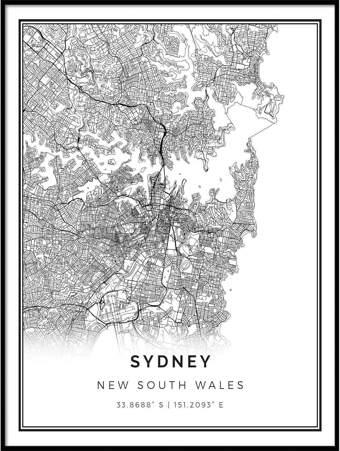 Sydney map Poster Print | Modern Black and White Wall Art | Scandinavian Home Decor | New South Wales City Prints Artwork | Fine Art Posters 18x24