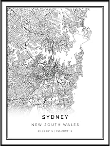 Sydney map Poster Print | Modern Black and White Wall Art | Scandinavian Home Decor | New South Wales City Prints Artwork | Fine Art Posters 18x24