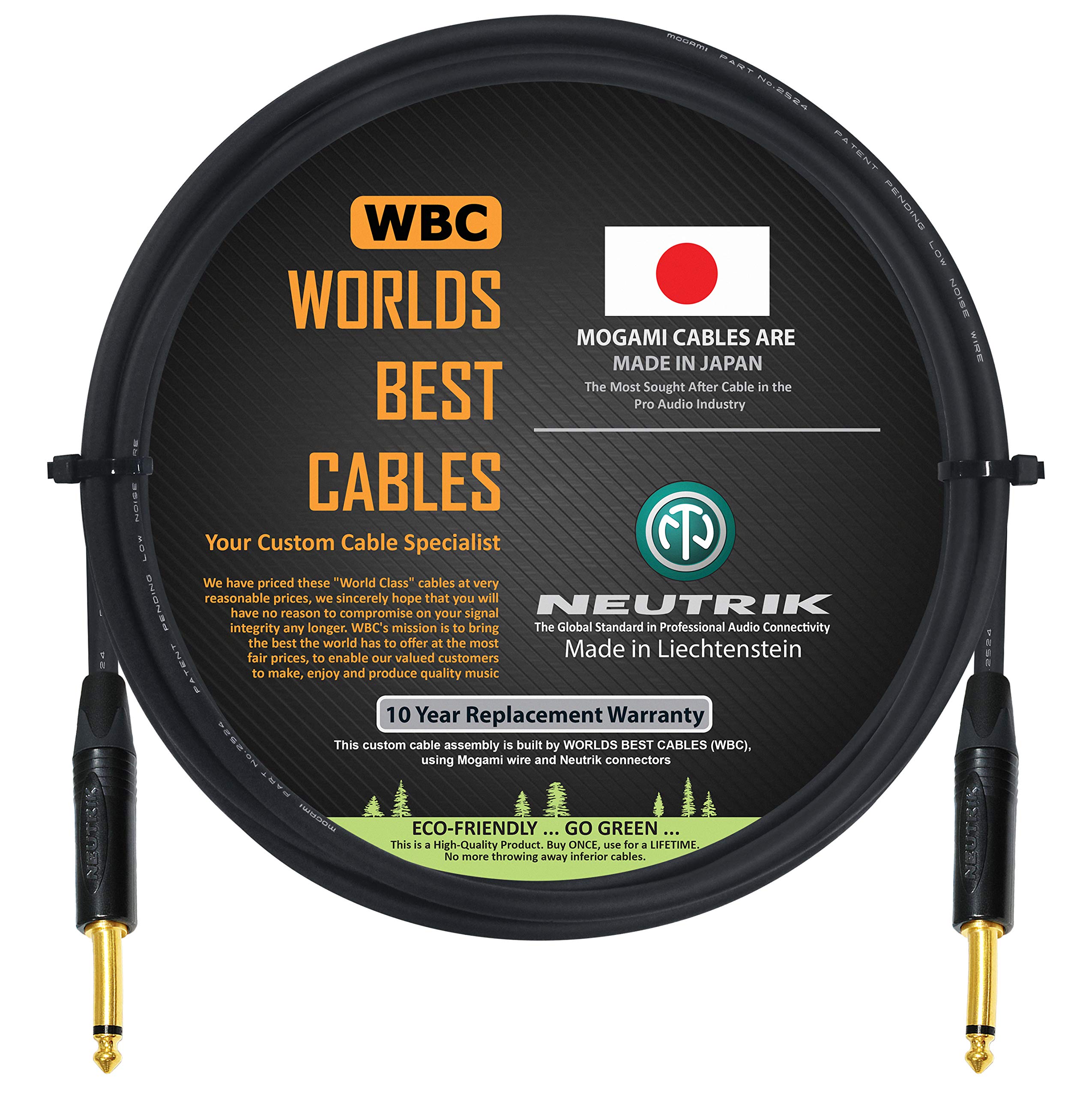 WORLDS BEST CABLES 1.5 Meter - Guitar Bass Instrument Cable CUSTOM MADE using Mogami 2524 wire and Neutrik NP2X-B ¼ Inch (6.35mm) Straight Gold TS Connectors
