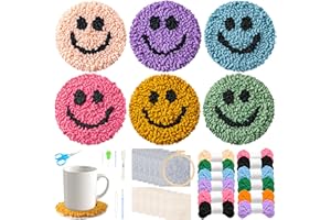 FoszaSzept Smile Punch Needle Coaster Kit, 22Pcs Embroidery Needle Coasters Crafts for Beginners, Easy DIY Mug Tufted Making Set with 6 Patterns Hoop Self Adhesive Felt Cloth Threading Device Gifts