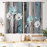 Laifzere Teal Farmhouse Daisy Kitchen Curtains Wooden Flower Small Short Cafe Window Curtains Rustic Floral Butterfly Country
