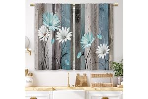 Laifzere Teal Farmhouse Daisy Kitchen Curtains Wooden Flower Small Short Cafe Window Curtains Rustic Floral Butterfly Country Bathroom Drapes Treatment Tier Curtains 2 Panels (27.5x39 Inch)