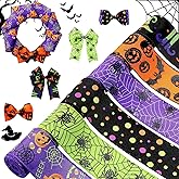 Chuangdi 6 Rolls 30 Yards Halloween Wired Ribbon, 2.5 Inch Wide | Witch Hat Spider Web Bat Pumpkin Skull Print, Halloween Wired Edge Holds Shape for Bow Wreath Decoration, Gift Wrapping Craft