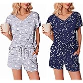 Ekouaer 2 Pack Women's Pajamas Set Soft Ruffle Sleeve Pjs Set Casual V Neck Lounge Set with Pockets