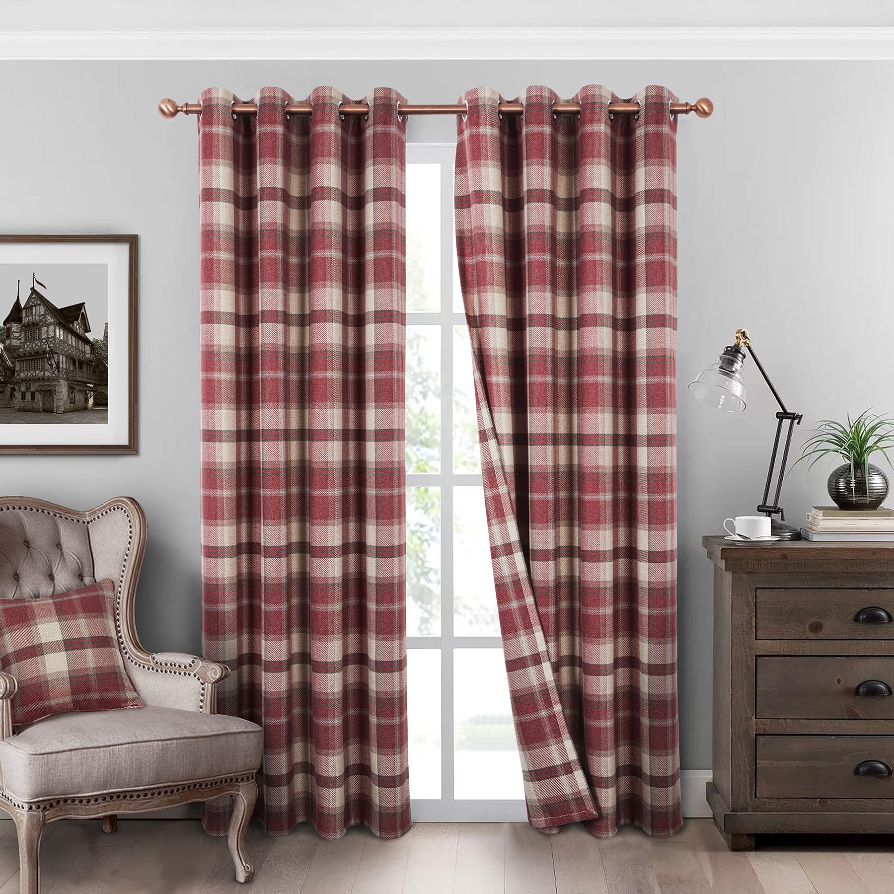 always4u Classic Red Plaid Curtains Highland Woolen Look Tartan Farmhouse Window Treatment Grommet Checked Curtains for Living Room Bedroom 2 Panels 45 * 63 Inches