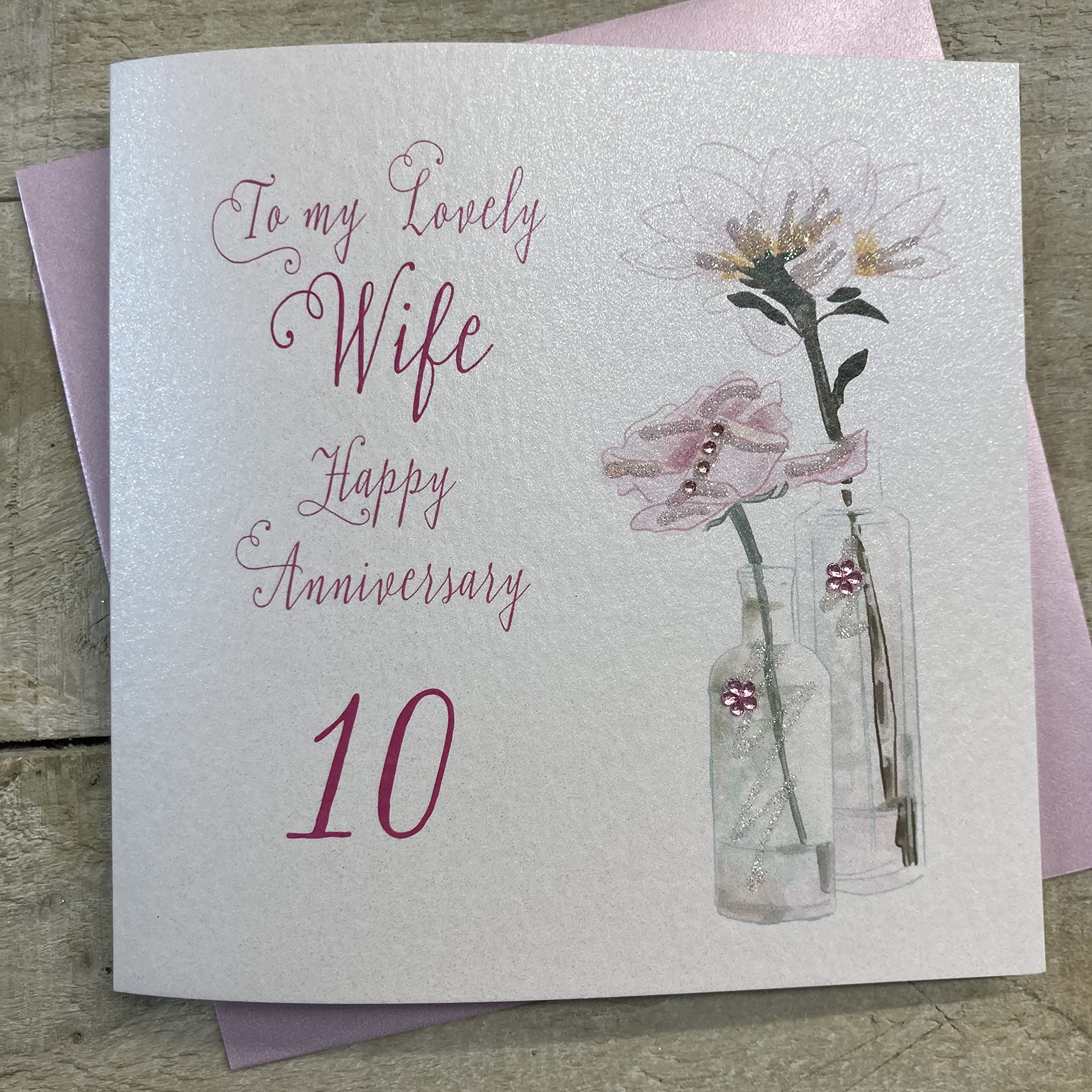 white cotton cards Dandelion, Happy Lovely Wife Handmade 10th Anniversary Card, White, BD66-10