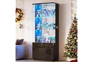 Lvifur 71” Glass Display Cabinet with Lights, Modern Curio Cabinet Display Cases for Collectibles, Locking Cabinet with Shelves & Drawers, Tall Bookcase with Human Body Sensor for Living Room (Black)