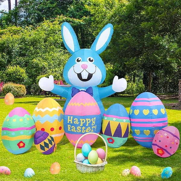 SKYLETY 7 PACK 8FT LONG EASTER INFLATABLES OUTDOOR DECORATIONS BLOW UP BUNNY AND EGGS WITH BUILT-IN LED LIGHTS HAPPY EASTER YARD DECORATION FOR OUTSIDE CUTE SPRING HOME LAWN GARDEN HUNT PARTY