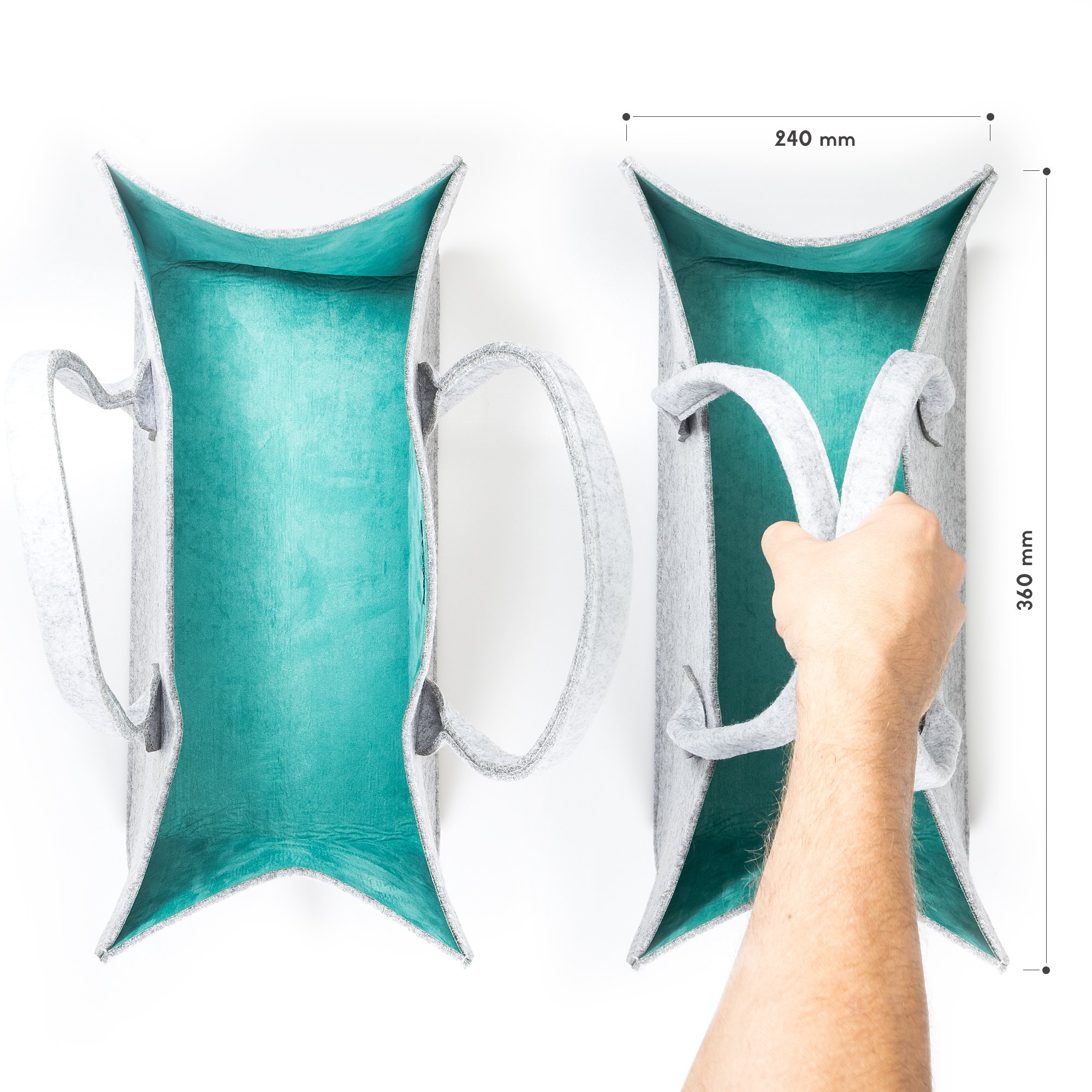 FORMGUT® // Einkaufstasche aus Filz, Filztasche, Tragetasche, Kaminholztasche, Strandtasche, Filzkorb, Einkaufs Tasche, Shopping Bag, Feuerholztasche, Zeitungsständer, Korb // Hellgrau Türkis