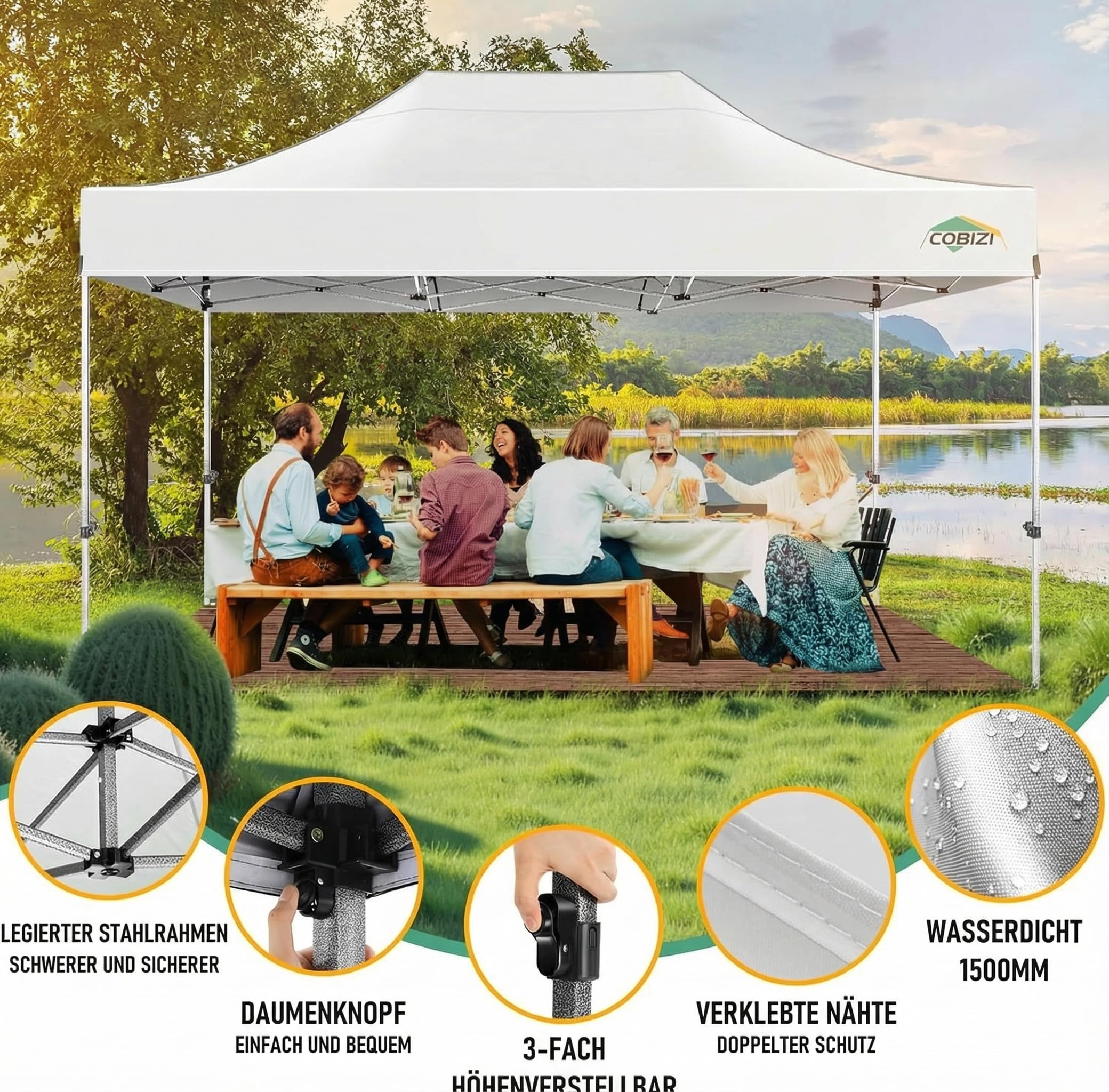 COBIZI Faltpavillon Pavillon 3x4.5 Wasserdicht Stabil, Outdoor Faltbar Garten Pavillon UV Schutz 50+, Partyzelt mit 4 Seitenteilen, Weiß 4