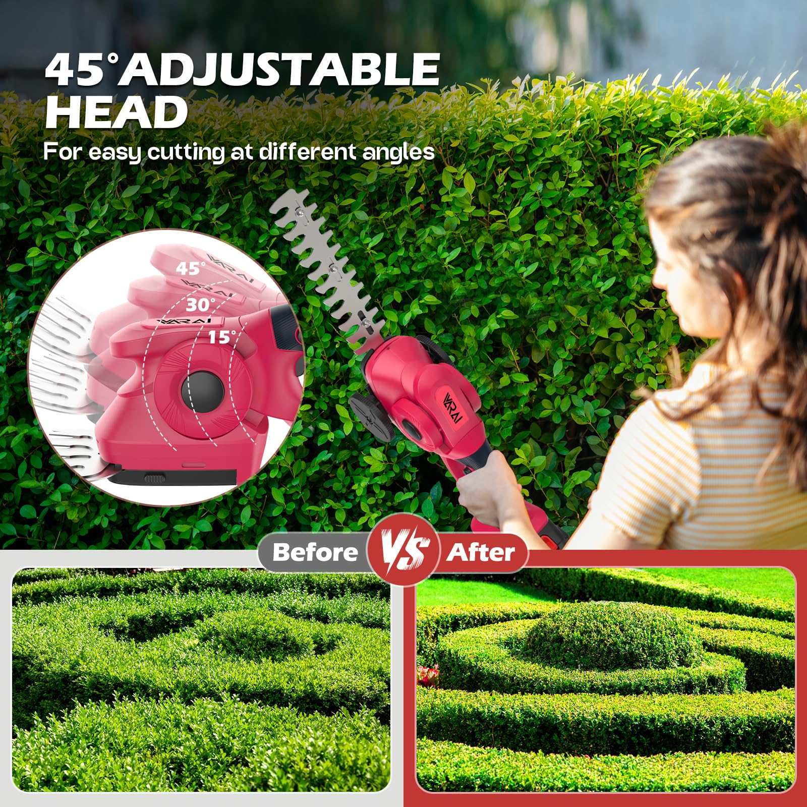 VARAI Hedge Trimmer Cordless, 2 in 1 Cordless Hedge Trimmer with 1300mAh Battery*2, High Power and Large Capacity Hedge Shears for Gardens, Patios and Lawns Charger Included