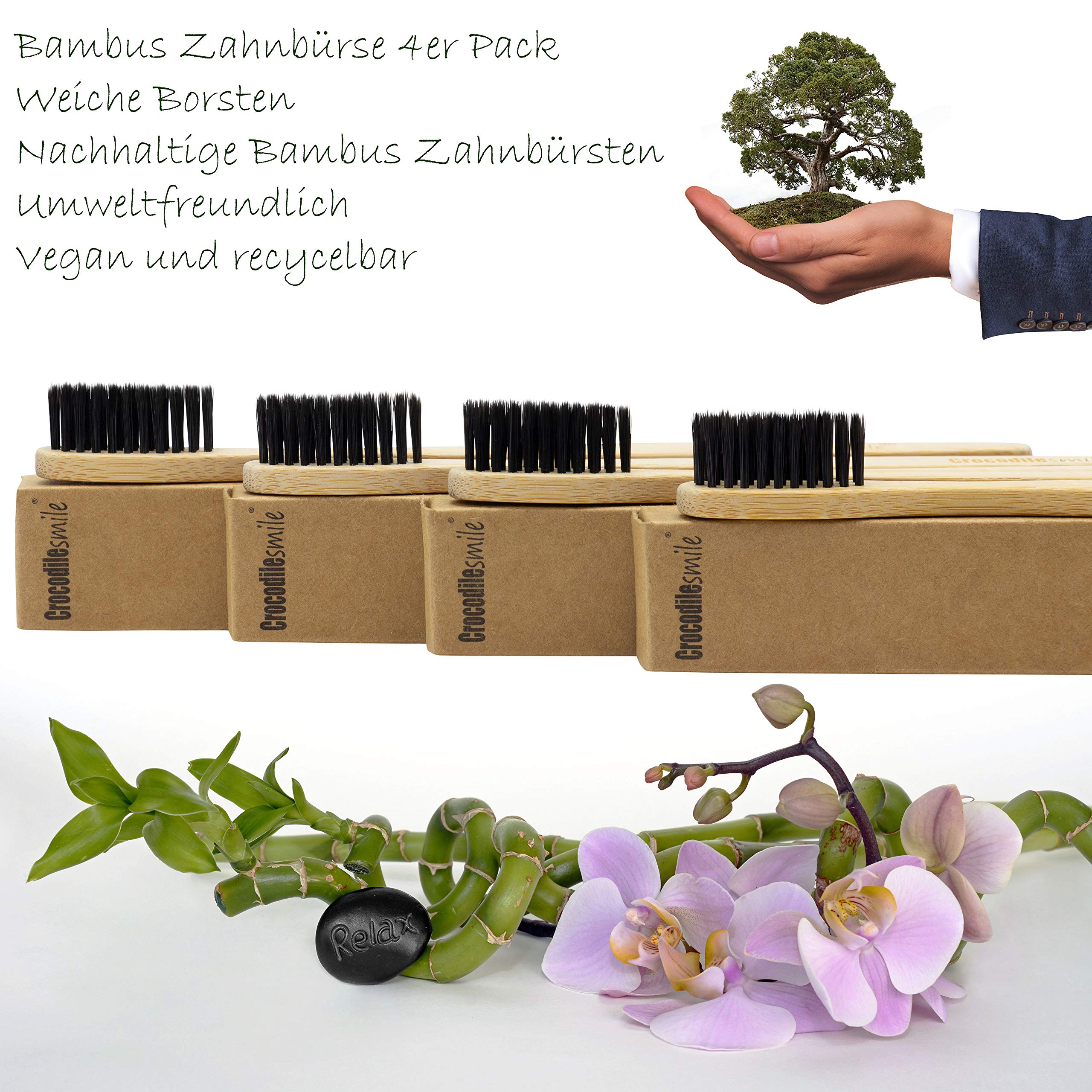 Bambus Zahnbürsten 4 Stück I Nachhaltige & Vegane Holzzahnbürste I weiche Borsten I 4er Pack natürliche Öko Zahnbürste 100% frei von BPA