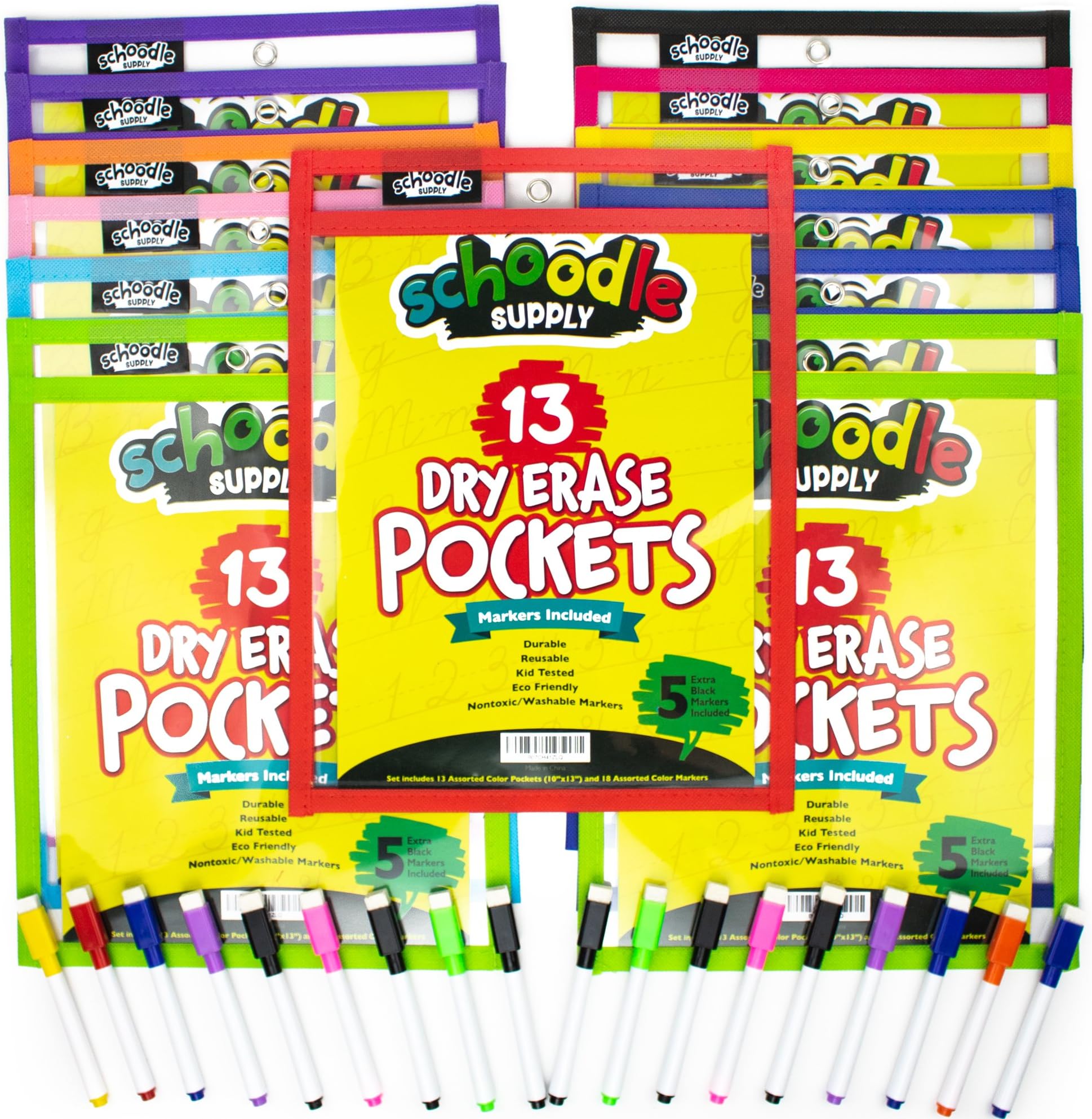 Dry Erase Pockets, 13 Pack of 10" x 13โ Clear Reusable Sleeves that Write and Wipe Clean, Pocket Holds Multiple Sheets, Protector Saves Paper, Perfect for Homeschool and Teachers, Markers Included