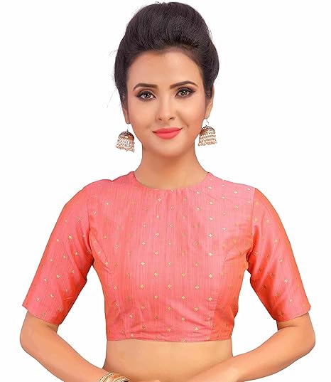 Women's Poly Silk Brocade Readymade Jewel Neck and Elbow Length Sleeves Saree Blouse