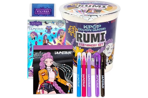 Kpop Demon Hunters™ Rumi Stationery Set with Mini Notebook, Gel Pens, Markers, Eraser, Bonus Kpop Stickers & Cute Storage, Official K Pop Demon Hunters Merch for K-Pop Fans, Students, Teens