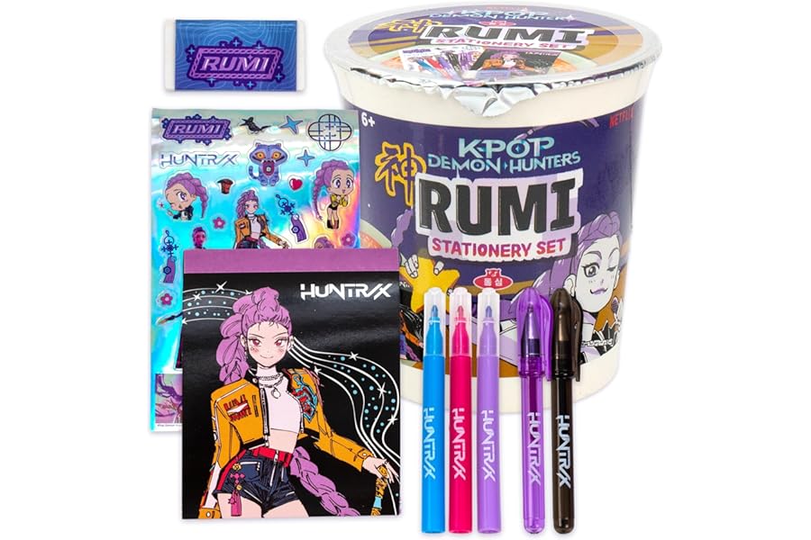 Kpop Demon Hunters™ Rumi Stationery Set with Mini Notebook, Gel Pens, Markers, Eraser, Bonus Kpop Stickers & Cute Storage, Official K Pop Demon Hunters Merch for K-Pop Fans, Students, Teens