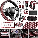 CAR PASS 30 PCS Bling Diamond Car Accessories Set for Women, Bling Steering Wheel Covers 15 Inch, Shining Rhinestone License Plate Frame, Sparkly Phone Holder, Cute Interior Set Decorations, Red