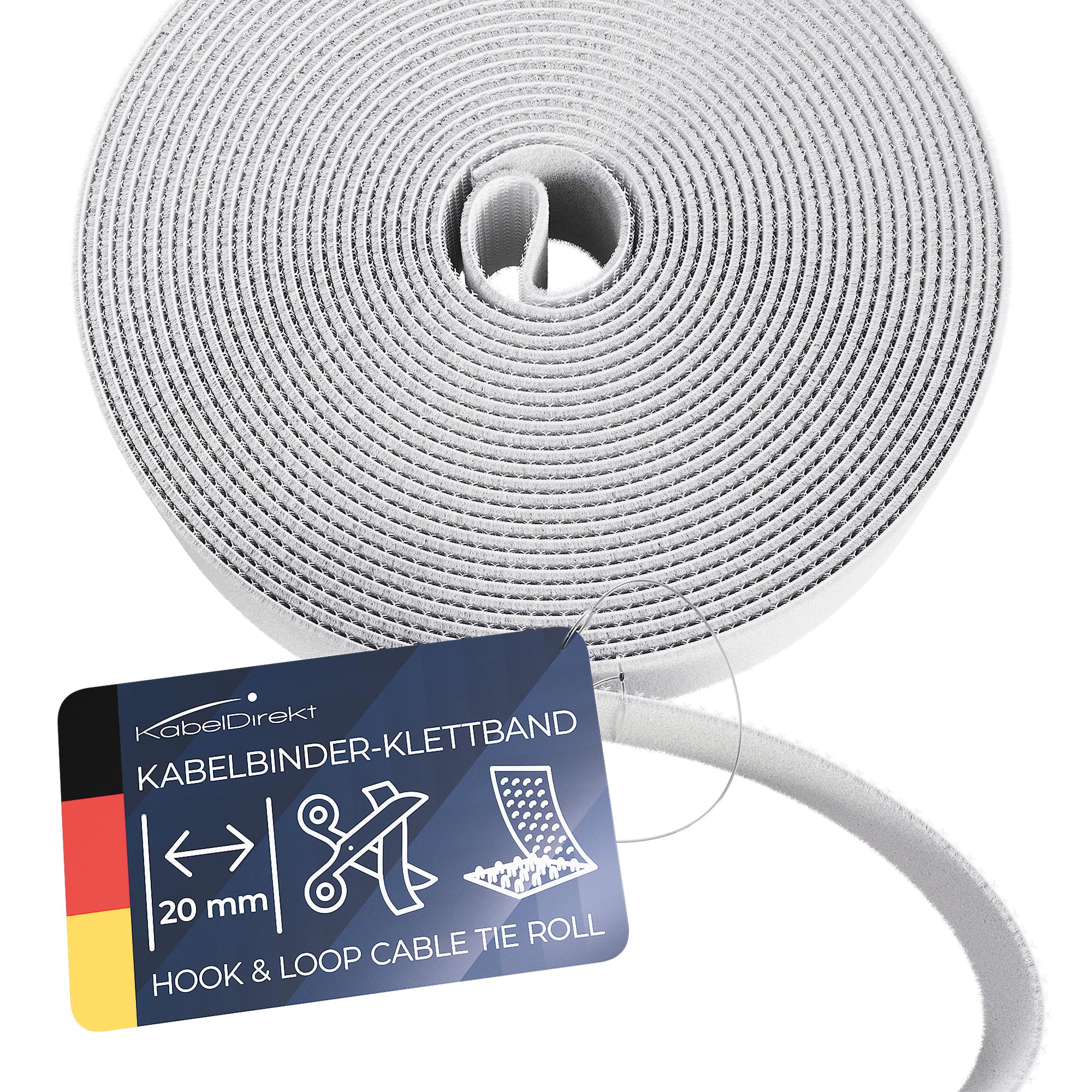 KabelDirekt – Hook & Loop Cable Ties – 15m × 20mm – Environmentally Friendly Cable tie roll, Individually cuttable & Reusable (White)