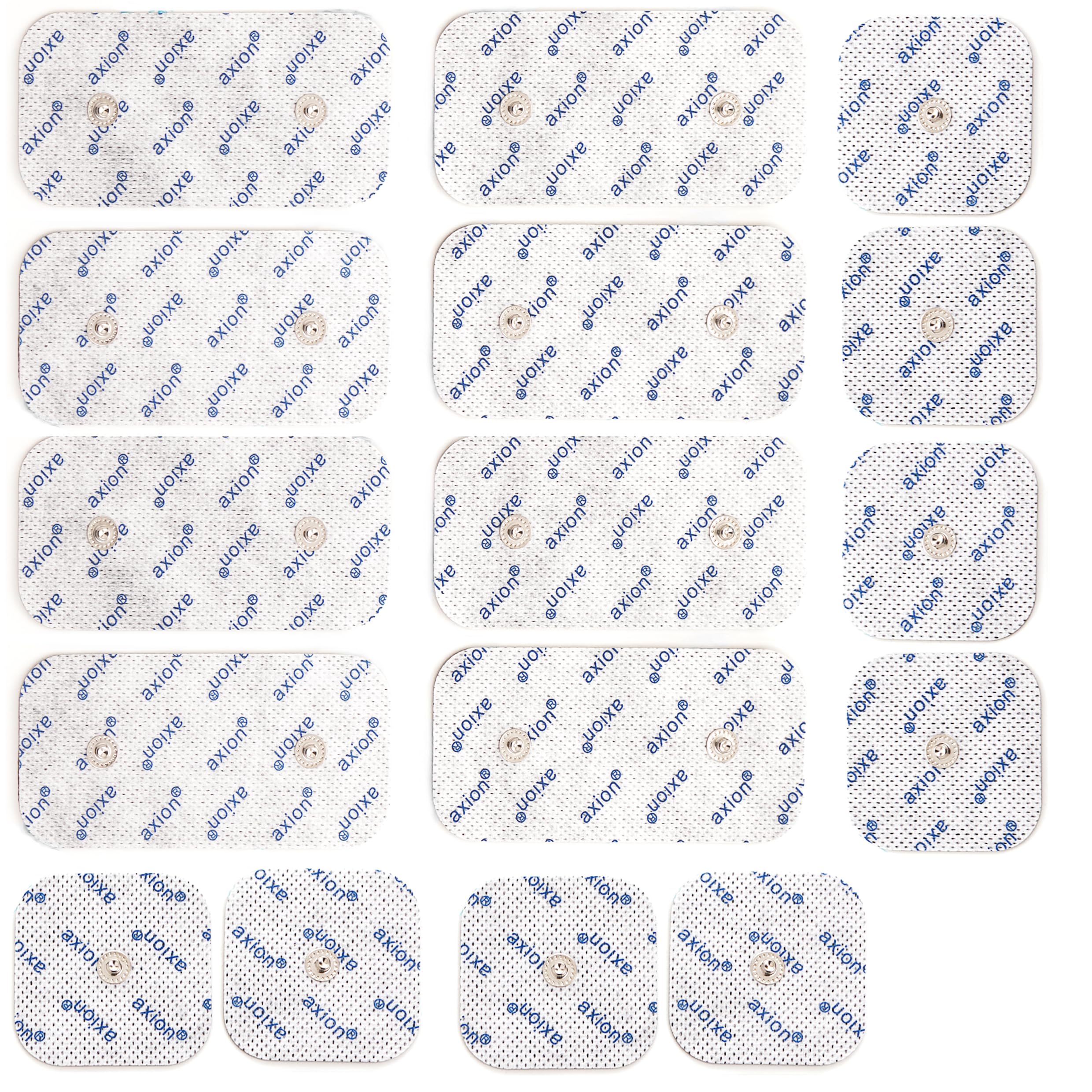 Axion Pack of 16 Electrodes. Square Self-Adhesive Pads 5x5 & 10x5cm for TENS EMS Units with 3.75mm Snap Button Connection. Pads for Pain Treatment, Muscle Growth, Weight Loss and Massage