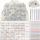 WOBAGMEN Bible Cover Case for Women,Large Quilted Bible Bag with Study Supplies,Stylish Church Bag Bible Journaling Kit,Mothers Day Christian Gifts for Women (Navy Blue Garnet Flower, M)