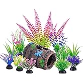Ameliade 11 Aquarium Plants &amp; Fish Tank Broken Barrel Cave Decorations Set | Coral Barrel Cave and Soft Artificial Plastic Plants Decor Accessories for Betta Goldfish Tank, Small Fish Bowl Ornaments