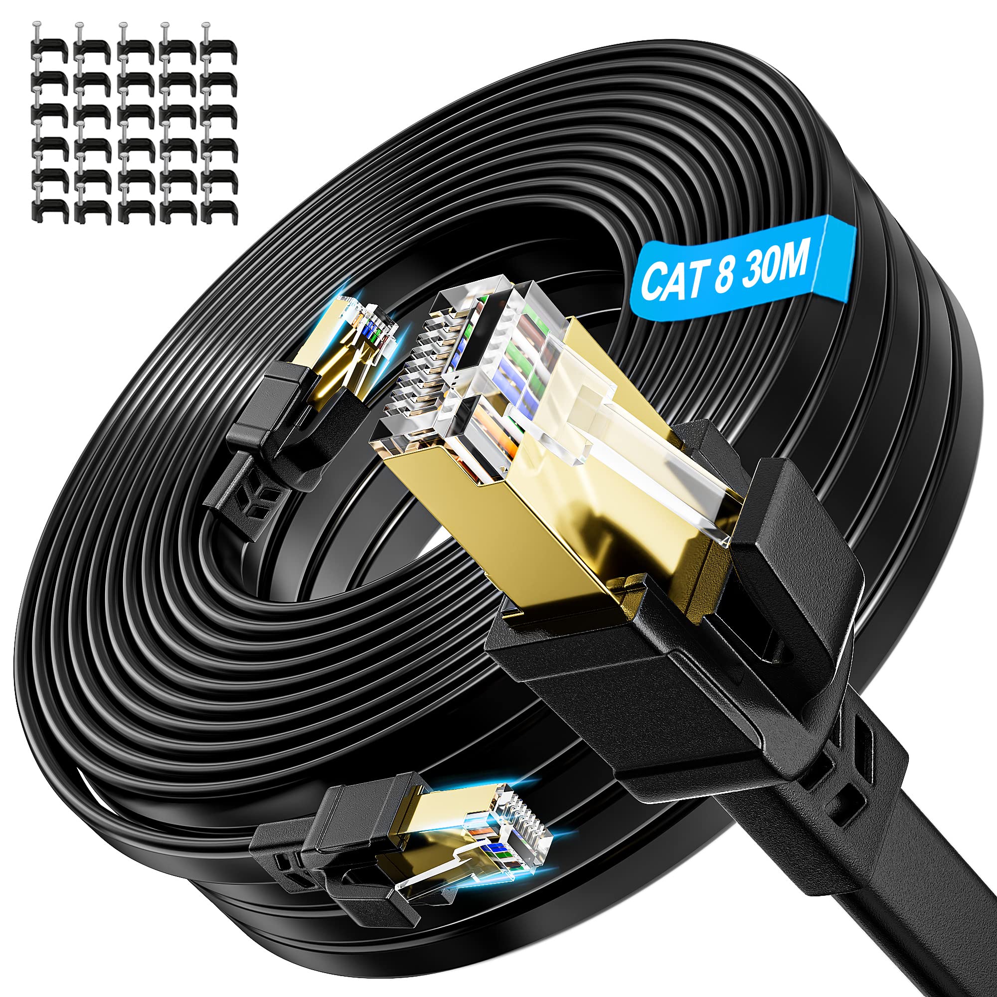 Soibke Cat 8 Ethernet Cable 30m, Cat 8Internet Cable 30m Flat, Long Network Cable High Speed 40Gbps Shielded Anti jamming Gigabit Wlan Patch Cable Black Indoor for Router Modem