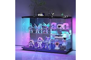 Lvifur RGB Glass Display Cabinet - with Lock, High Gloss Sideboard with Human Body Sensor & Glass Shelves for Toys, Books, Collectibles, Liquor, Bookcase for Living Room, Kitchen, Study, Black