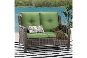 MeetLeisure Outdoor Patio Wicker Loveseat Sofa - 2-Seater Rattan Sofa for Outside Patio Garden with Deep Seating and Olefin Cushions(Mixed Grey/Green)